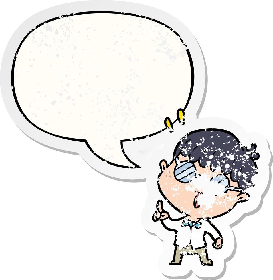 cartoon clever boy and idea and speech bubble distressed sticker vector