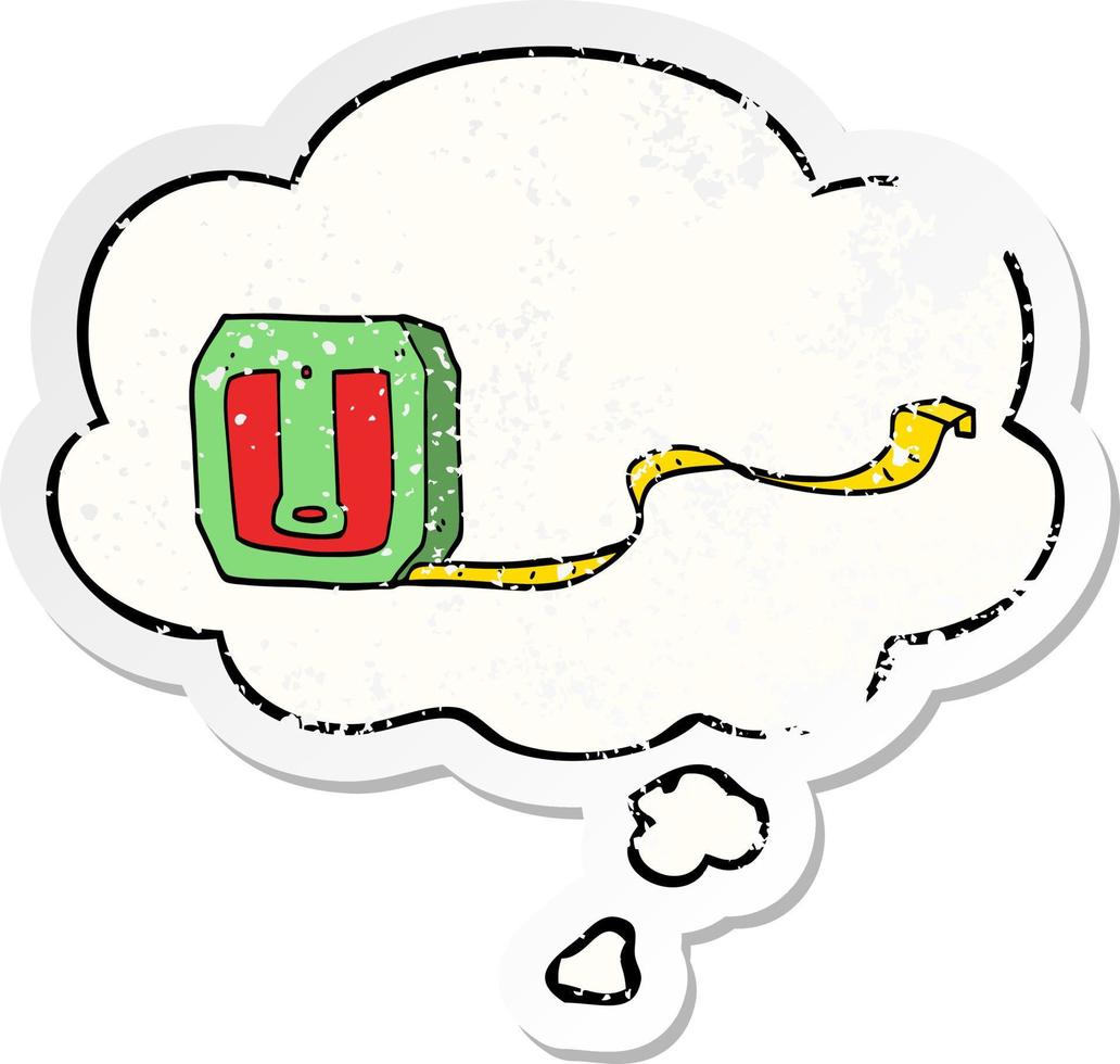 cartoon tape measure and thought bubble as a distressed worn sticker vector