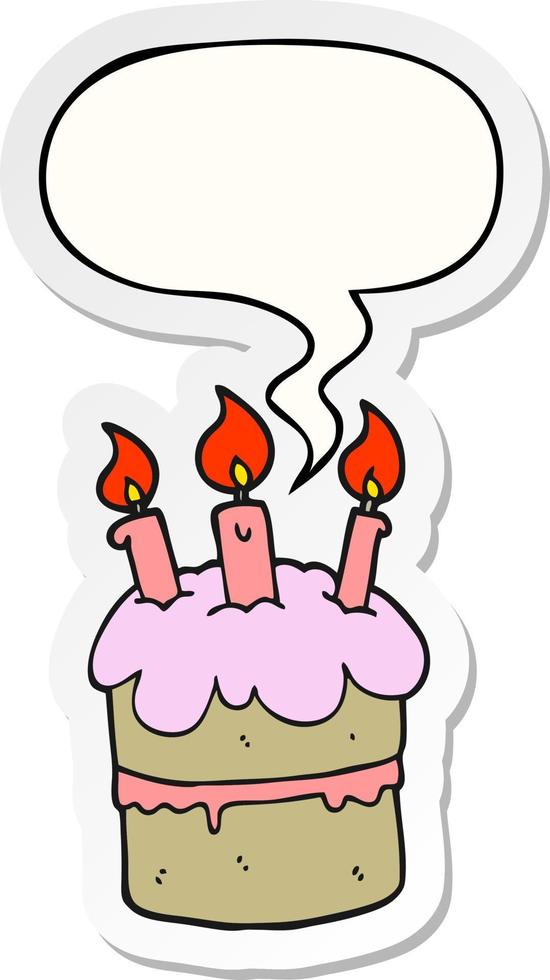 cartoon birthday cake and speech bubble sticker vector