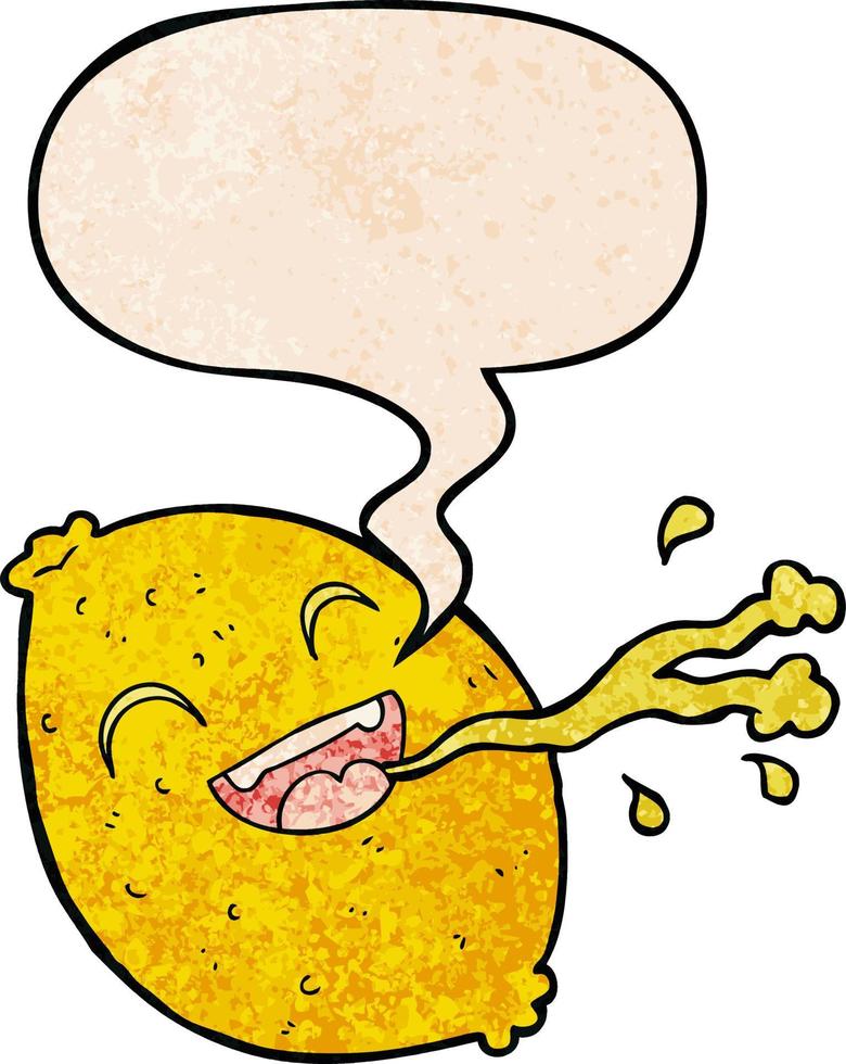 cartoon squirting lemon and speech bubble in retro texture style vector