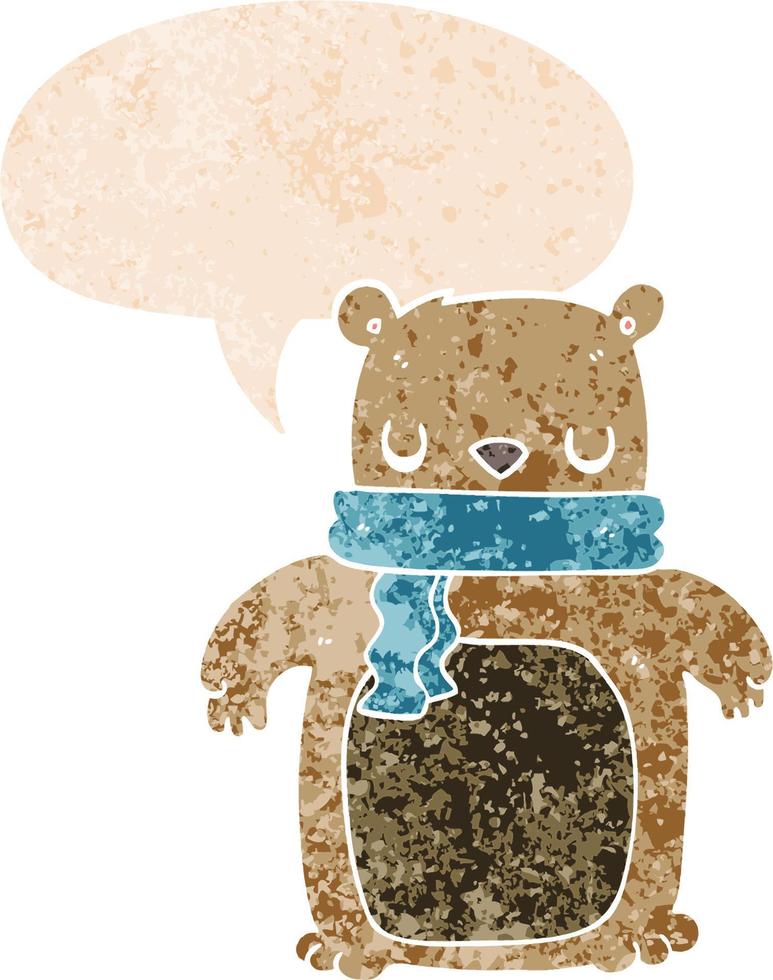 cartoon bear with scarf and speech bubble in retro textured style vector
