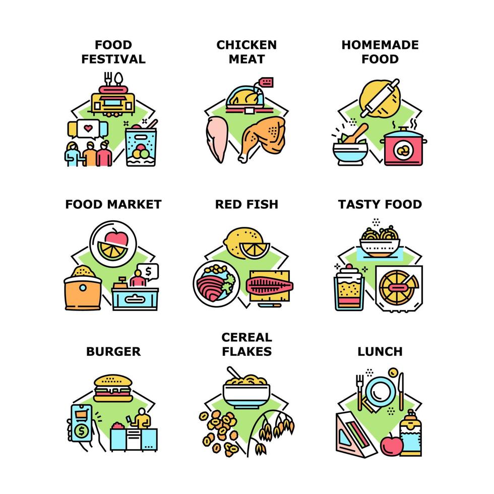 festival de comida evento establecer iconos ilustraciones vectoriales vector