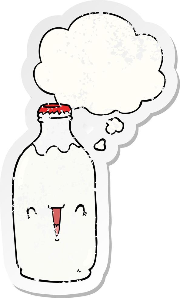linda botella de leche de dibujos animados y burbuja de pensamiento como una pegatina gastada angustiada vector