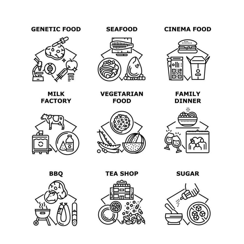comida cena familiar set iconos ilustraciones vectoriales vector