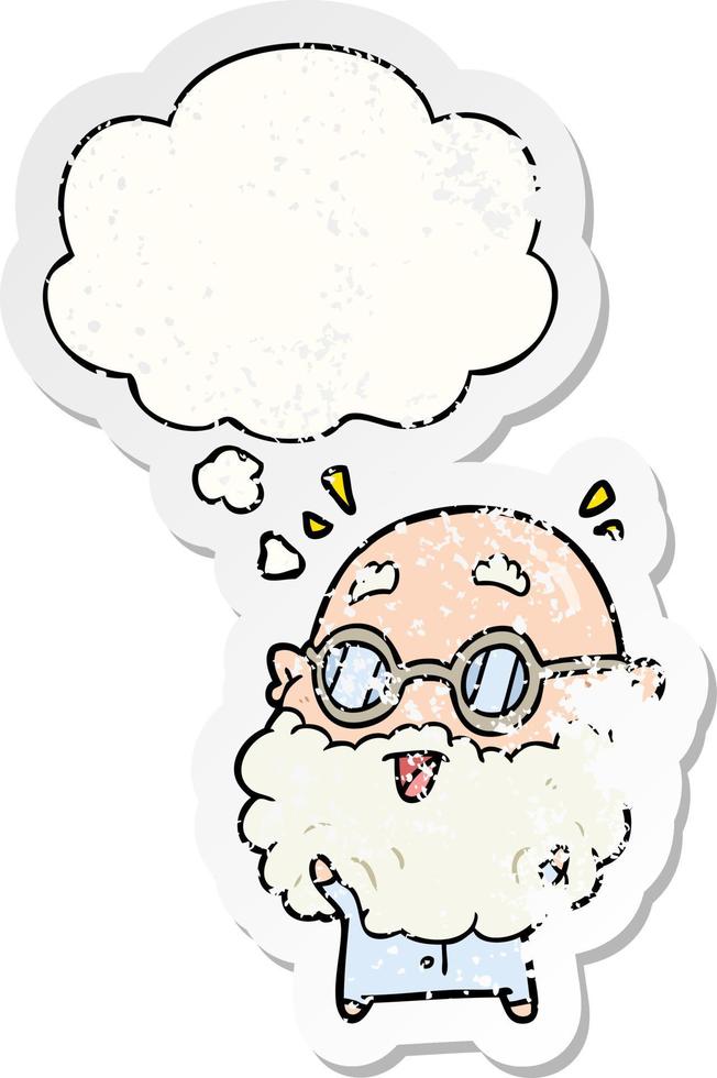 cartoon surprised old man and thought bubble as a distressed worn sticker vector