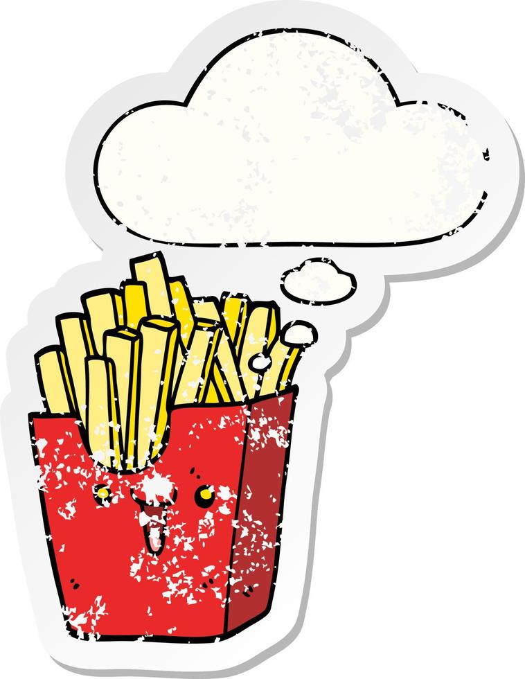 cute cartoon box of fries and thought bubble as a distressed worn sticker vector