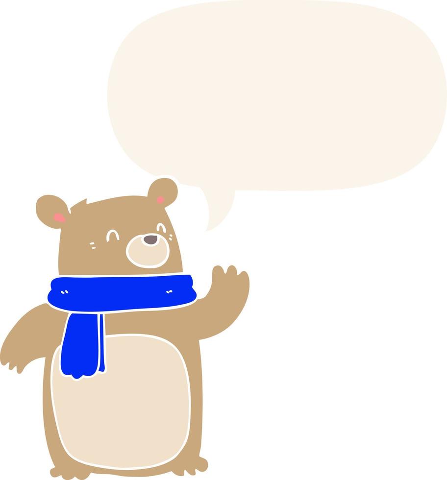 cartoon bear wearing scarf and speech bubble in retro style vector