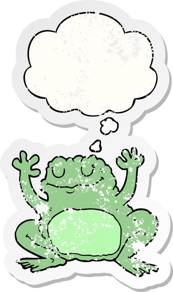 cartoon frog and thought bubble as a distressed worn sticker vector