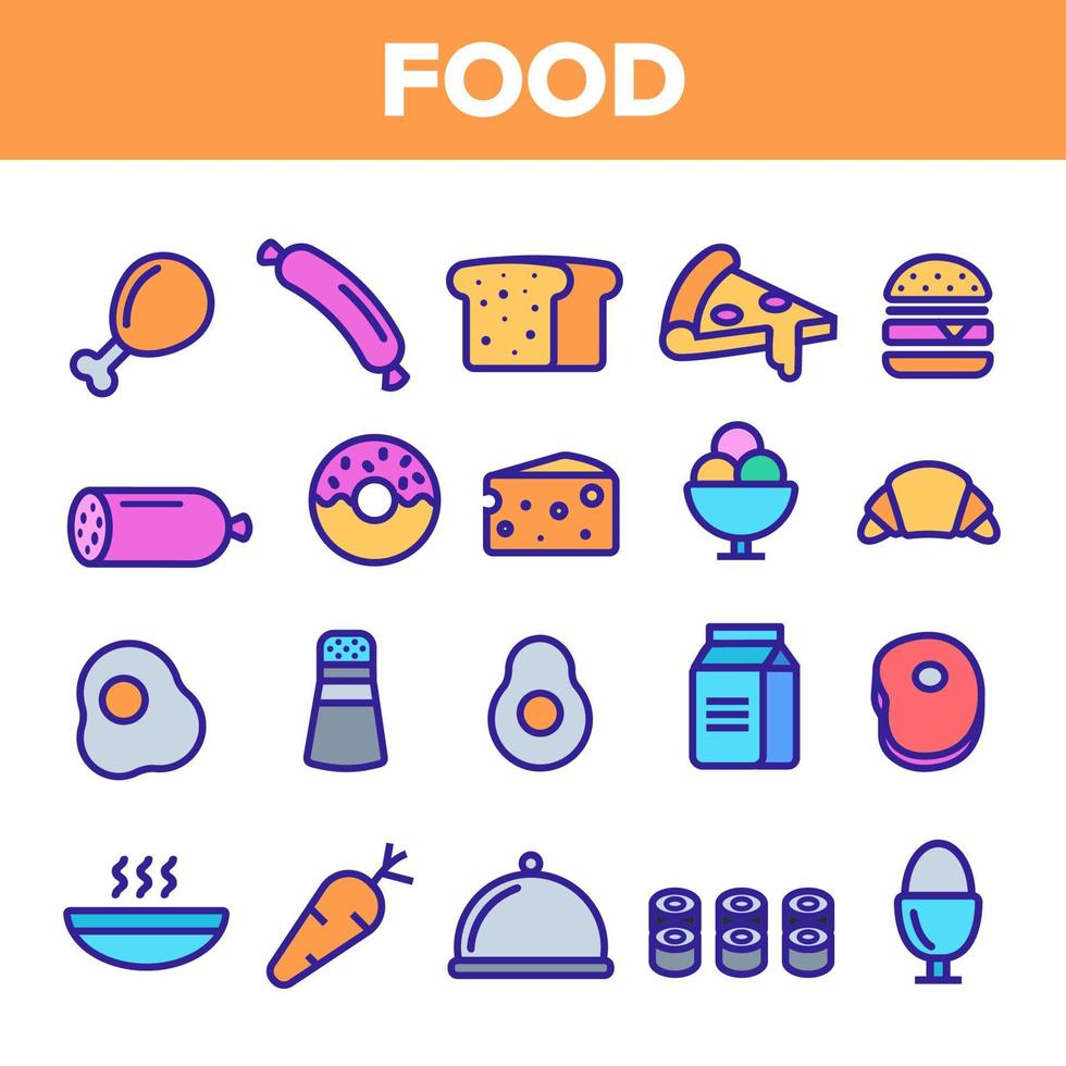 Food Line Icon Set Vector. Home Kitchen Breakfast Food Icons. Menu Pictogram. Fesh Eating Element. Thin Outline Web Illustration vector