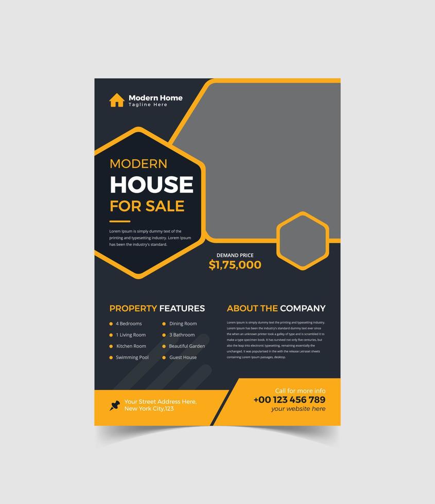 folleto de bienes raíces corporativos o diseño de plantilla de póster de casa moderna en venta vector