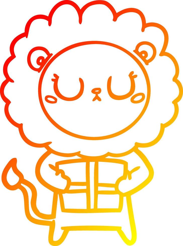 warm gradient line drawing cartoon lion with christmas present vector