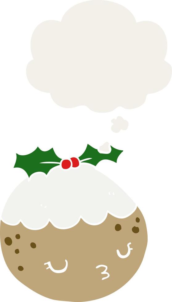 cute cartoon christmas pudding and thought bubble in retro style vector