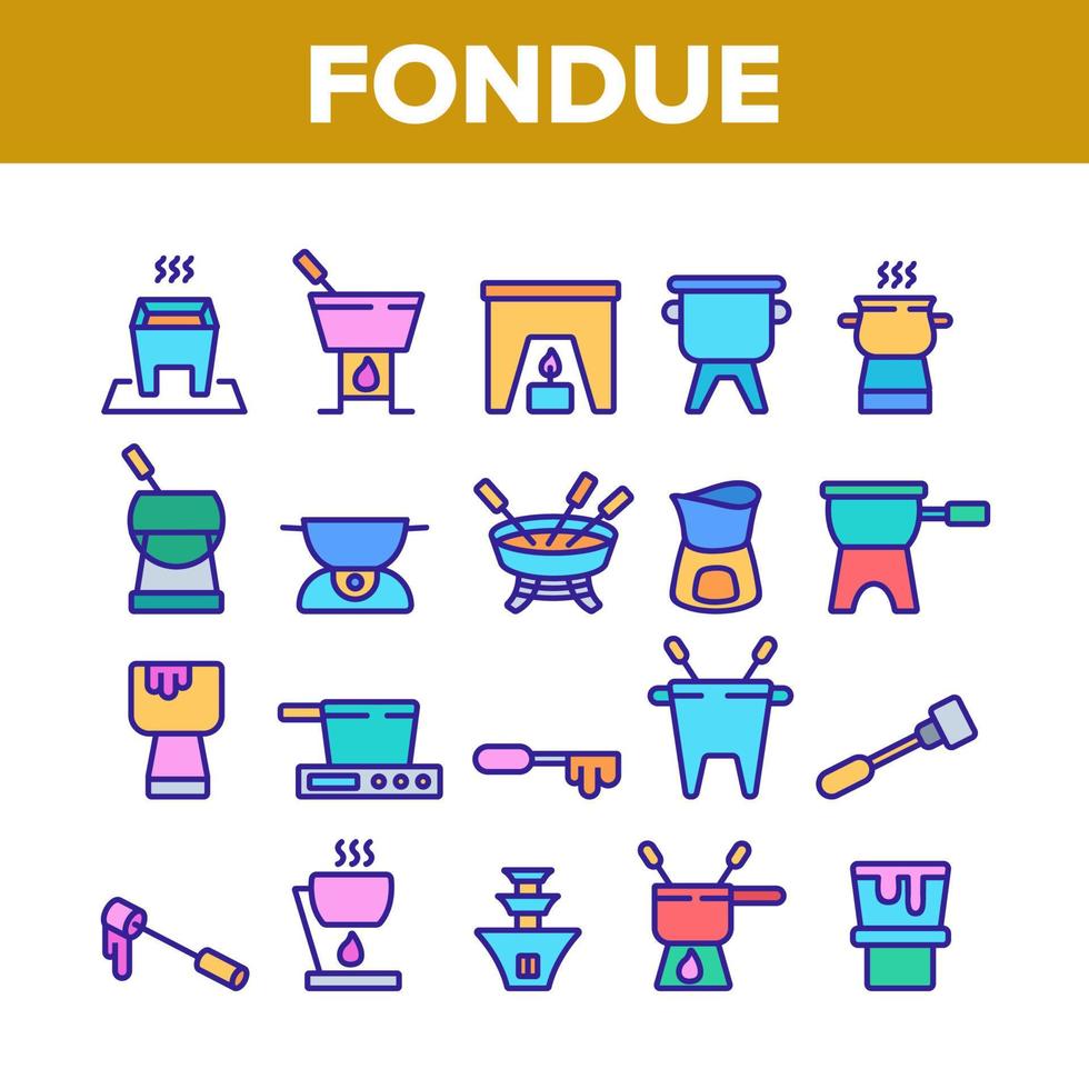Fondue Pot Equipment Collection Icons Set Vector
