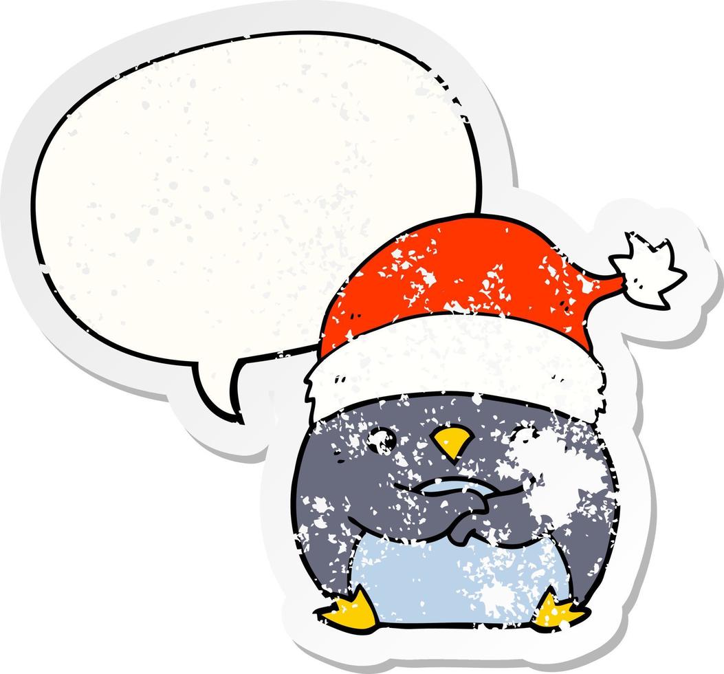 cute cartoon penguin wearing christmas hat and speech bubble distressed sticker vector