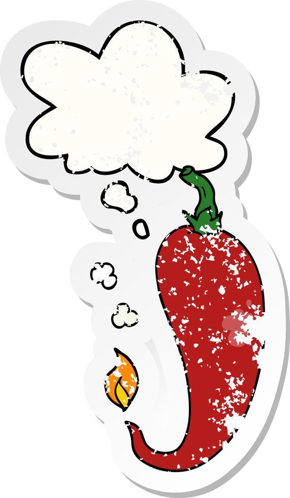 cartoon chili pepper and thought bubble as a distressed worn sticker vector