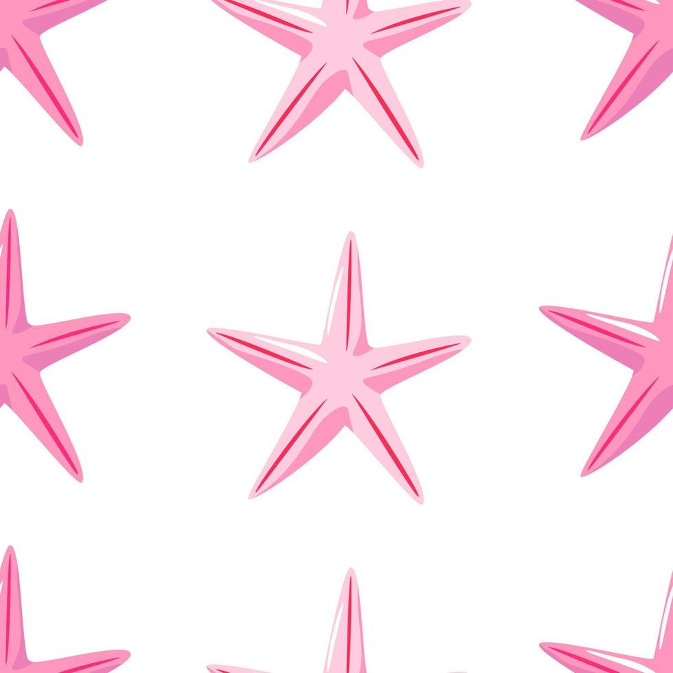 Vector hand-drawn seamless repeating simple pattern with pink starfish on a white background. Vector background with marine theme. Pink starfish on a pattern for textile, wallpaper, background. Sea.