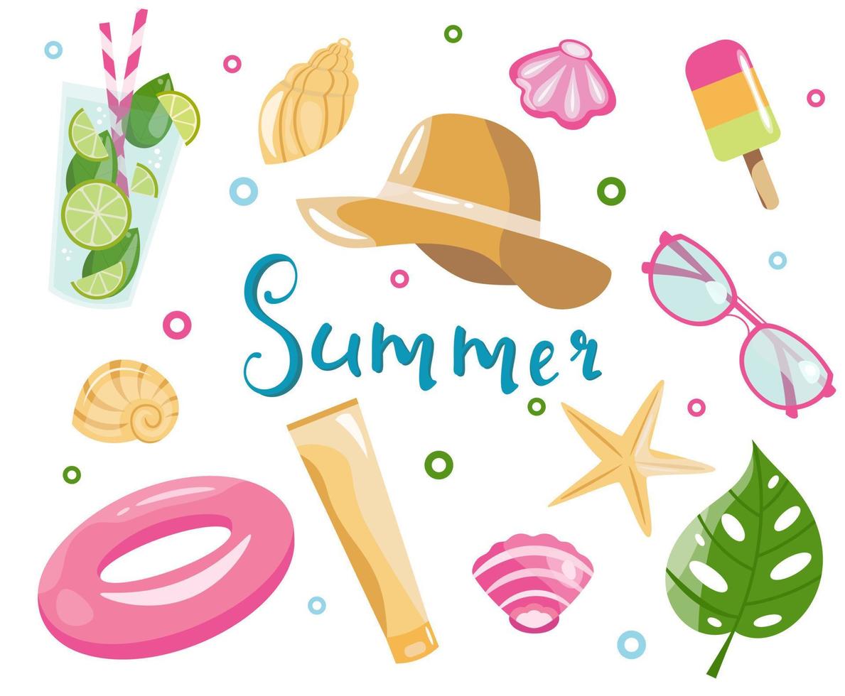 Cute summer set with hand drawn tropical elements, lettering, ice cream, shells, mojito, sunglass, straw hat, sunscreen, rings for swimming. Collection of scrapbooking elements for beach party. vector