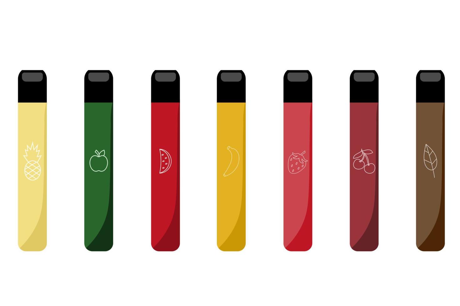 Flat vector illustration of electronic cigarette, different colours of a vape mods. Electronic cigarettes set. E-cigarette for vaping. Equipment for smoking. Disposable electronic cigarettes.
