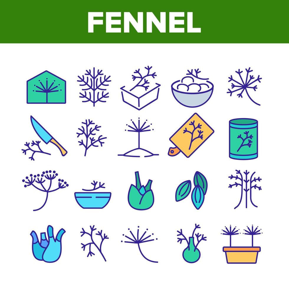 Fennel Flowering Plant Collection Icons Set Vector