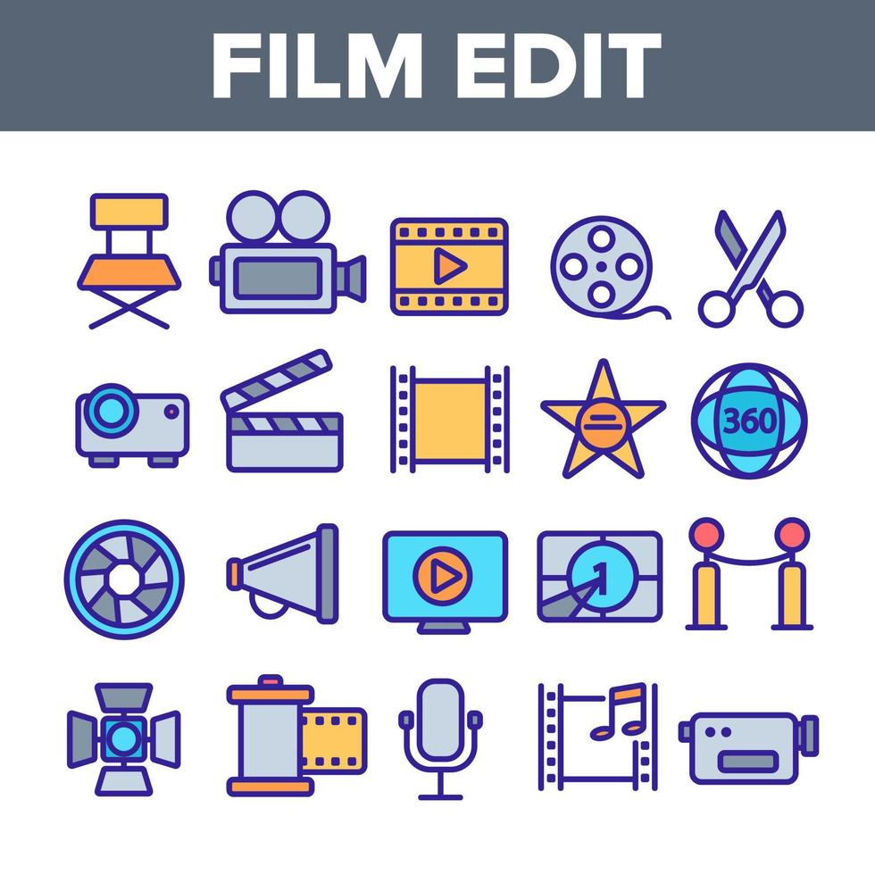 Film Edit, Filmmaking Linear Vector Icons Set