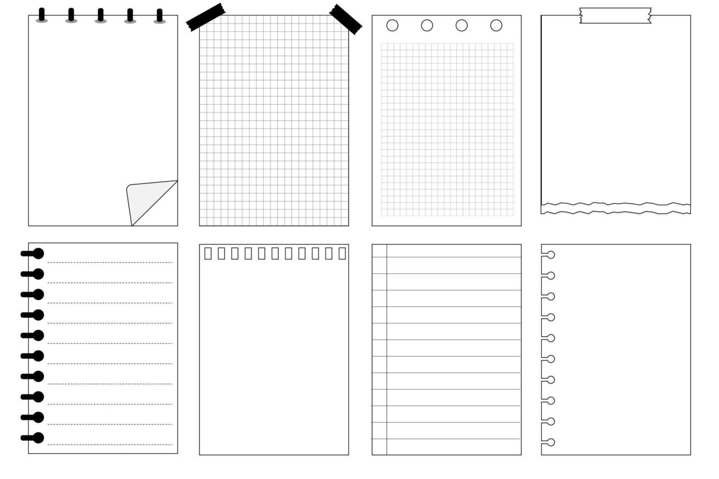 conjunto de plantillas de papel blanco en blanco nota rayada imprimible, planificador, diario, recordatorio, notas, lista de verificación, memorándum, bloc de notas vector