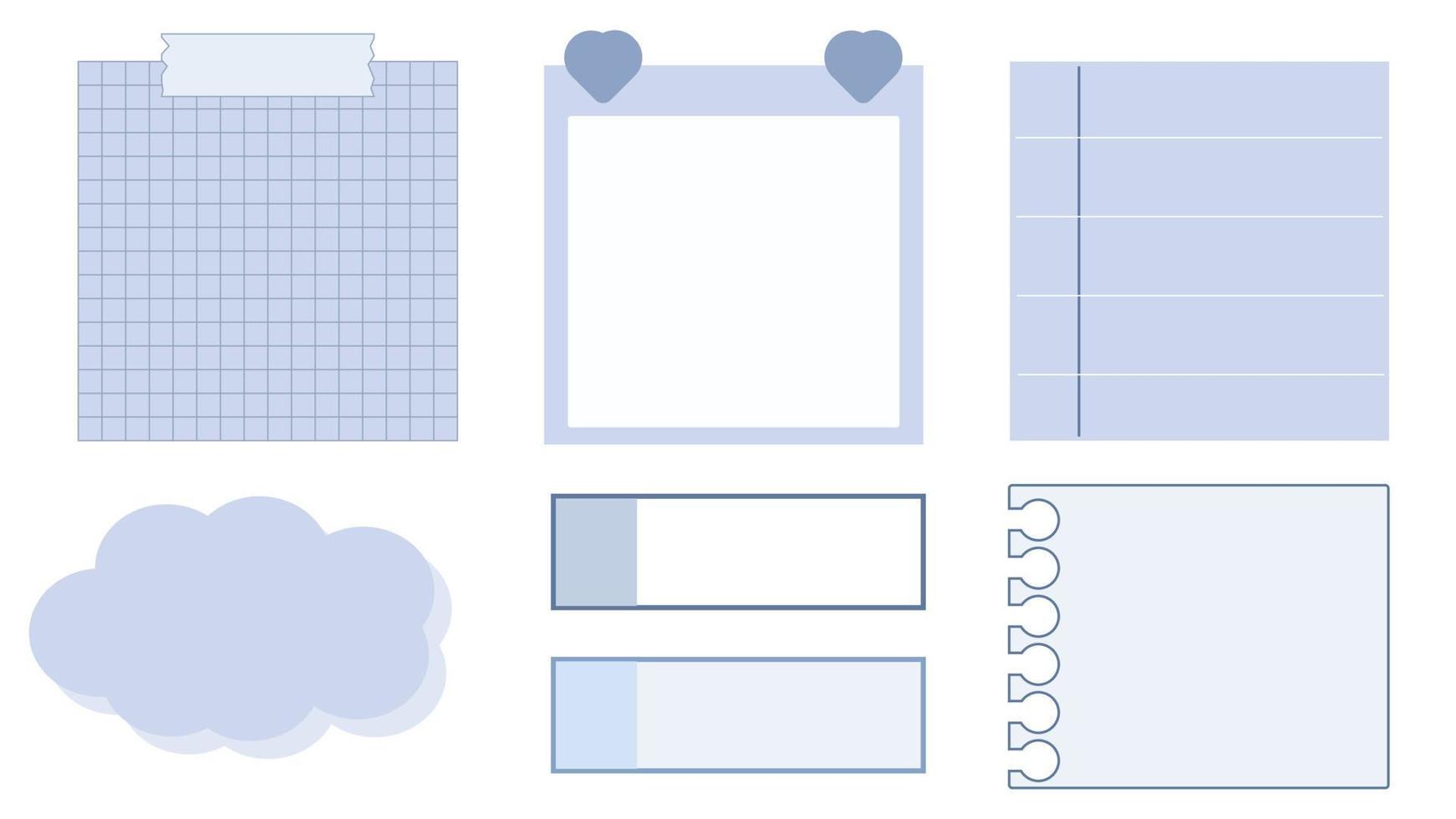conjunto de colección de la linda plantilla de planificador azul, bloc de notas, memo, papel, nota adhesiva, recordatorio y diario. lindo, simple e imprimible para tu diseño vector