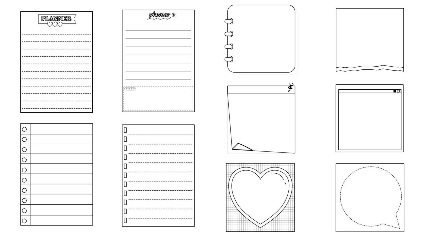 conjunto de colección de la linda plantilla de papel en blanco y negro en blanco, memo, nota, publicación, planificador, aislamiento de lista de verificación en fondo blanco vector