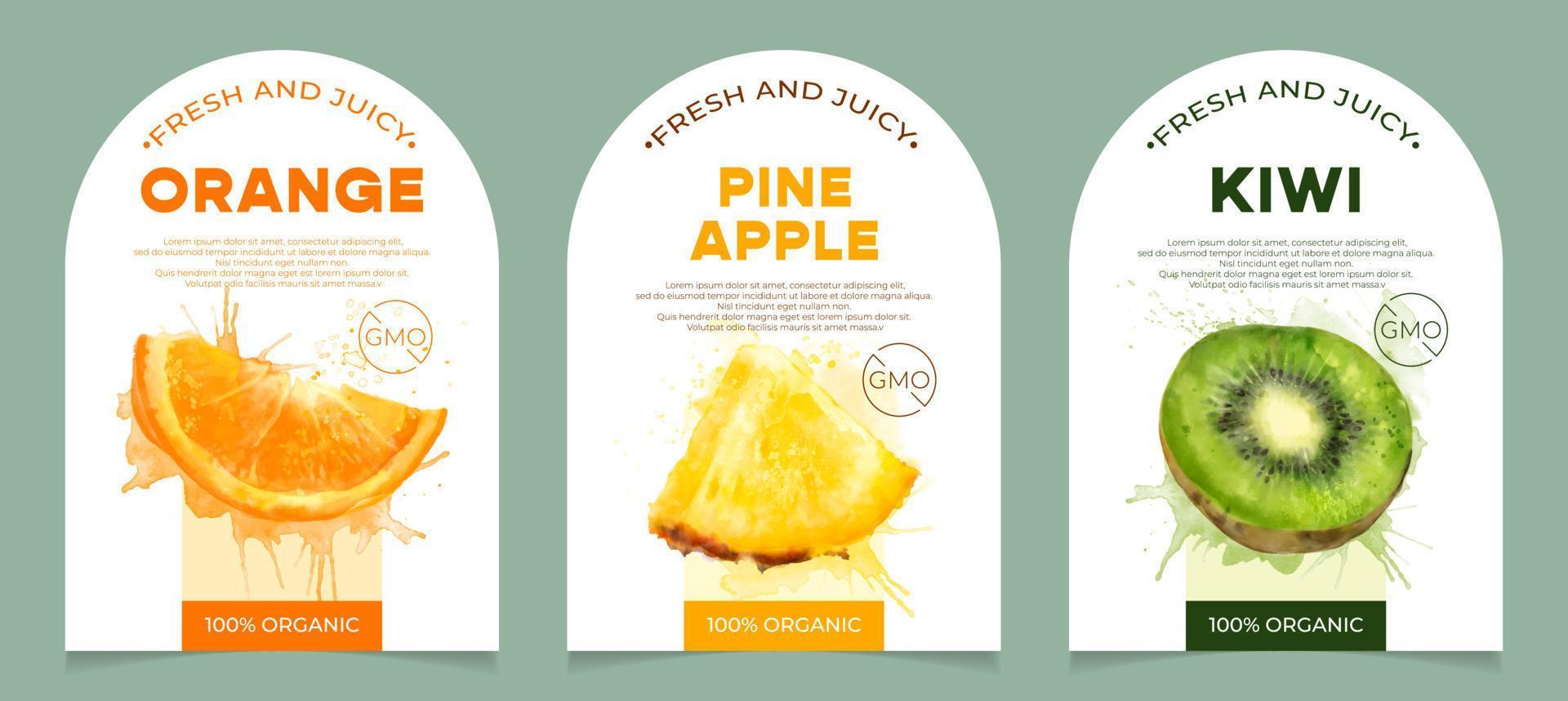 Set of 3 labels, packaging of fresh and juicy fruits. Natural organic product, gmo free. Text with watercolor realistic fruits on white base. Template for your product. vector