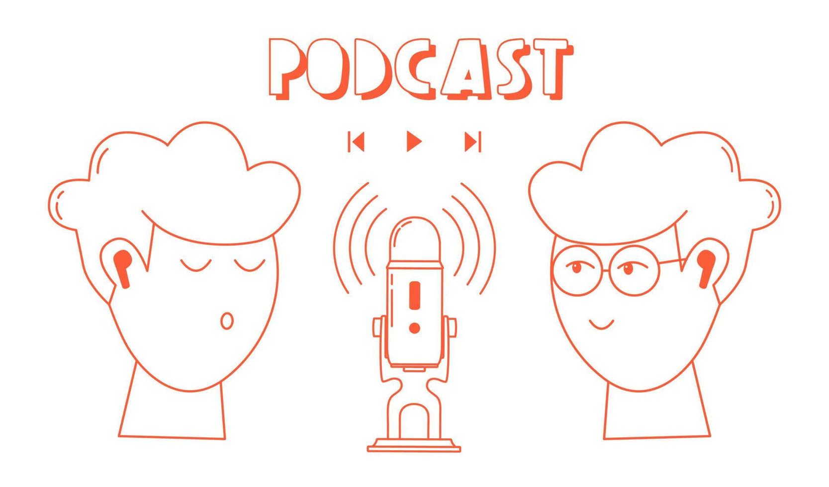 Headphones, microphone, two guys icons. Podcast recording and listening, broadcasting, online radio, audio streaming service concept. Hand drawn vector isolated illustrations