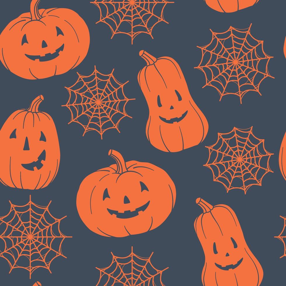 Pattern with pumpkins and spiderwebs. Orange pumpkin with various funny faces. Template for your design. Hand drawn trendy vector seamless pattern. Square background, wallpaper.