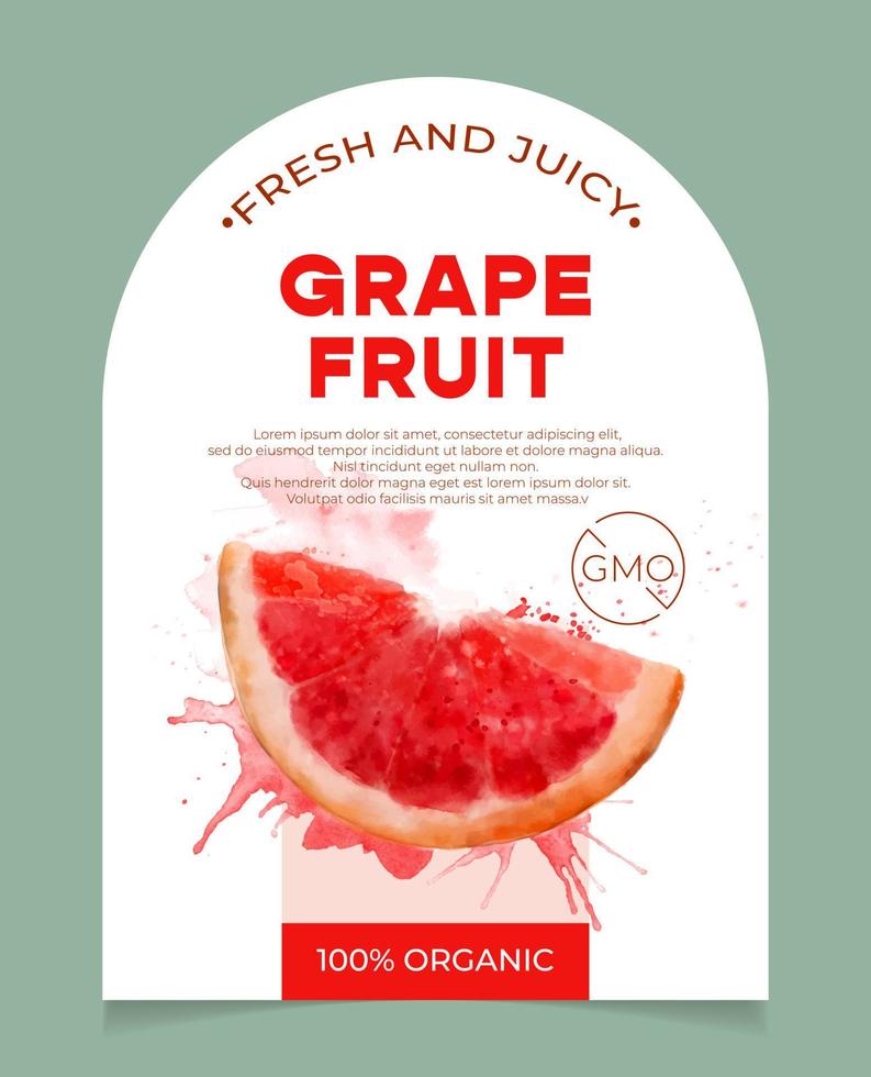 Label, packaging of fresh and juicy grapefruit fruit. Natural organic product, gmo free. Text with watercolor realistic fruit on white base. Template for your product. vector