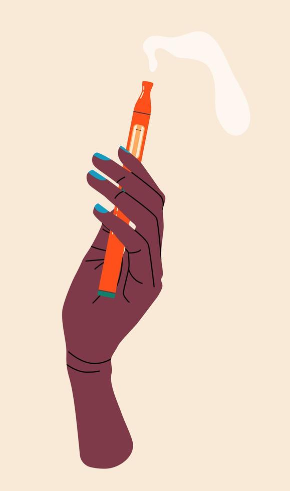 Hand holding vape, colorful illustration. Electronic cigarettes and vape concept. Modern vector illustration. Variety of designs vape pens and pod mods. Flat vector design for web.