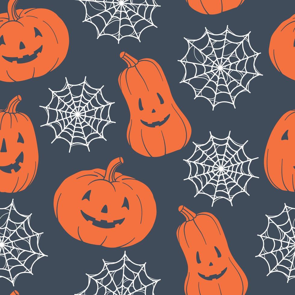 Pattern with pumpkins and spiderwebs. Orange pumpkin with various funny faces. Template for your design. Hand drawn trendy vector seamless pattern. Square background, wallpaper.