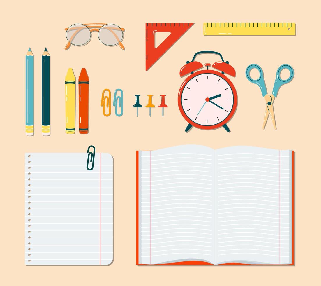 Crayons, pencils, glasses, alarm clock, scissors, pins and note book. Trendy top down view illustration. Back to school concept. Modern cartoon hand drawn group of things design for web card, banner vector