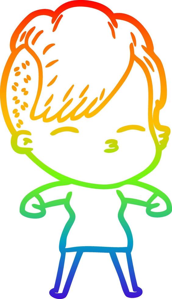 rainbow gradient line drawing cartoon squinting girl vector