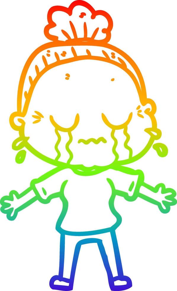 rainbow gradient line drawing cartoon crying old lady vector