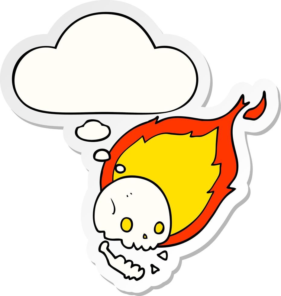 spooky cartoon flaming skull and thought bubble as a printed sticker vector