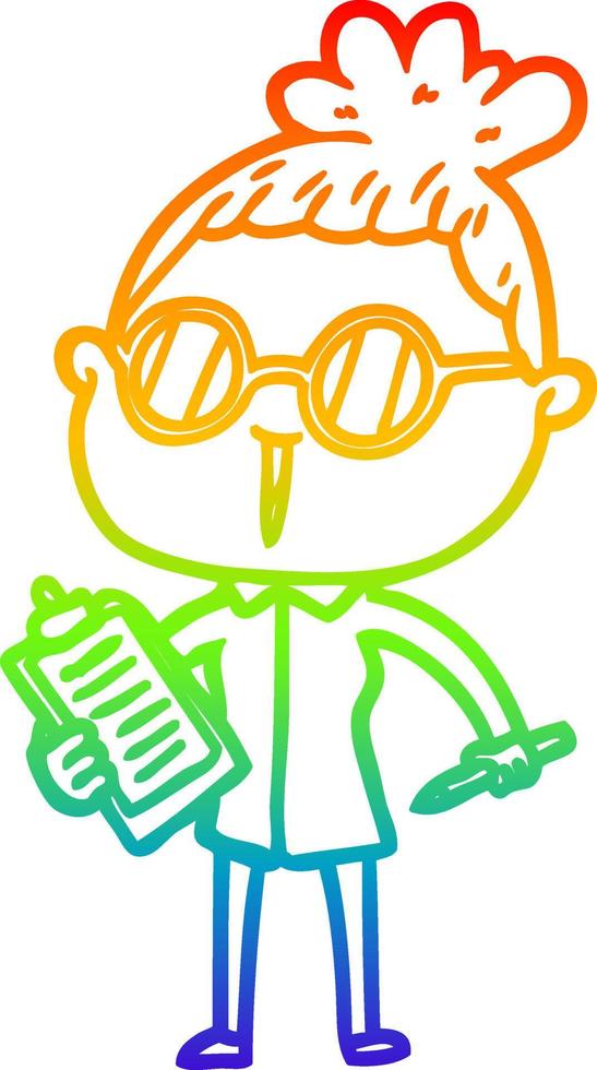 rainbow gradient line drawing cartoon woman wearing spectacles vector