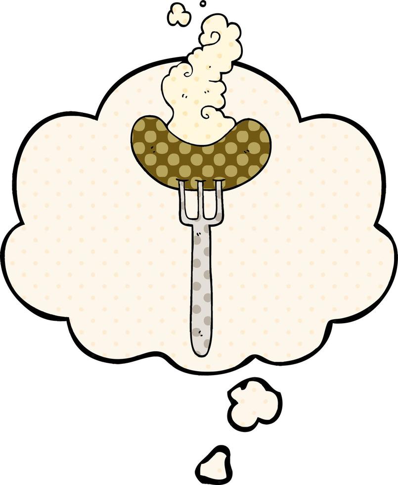 cartoon sausage on fork and thought bubble in comic book style vector