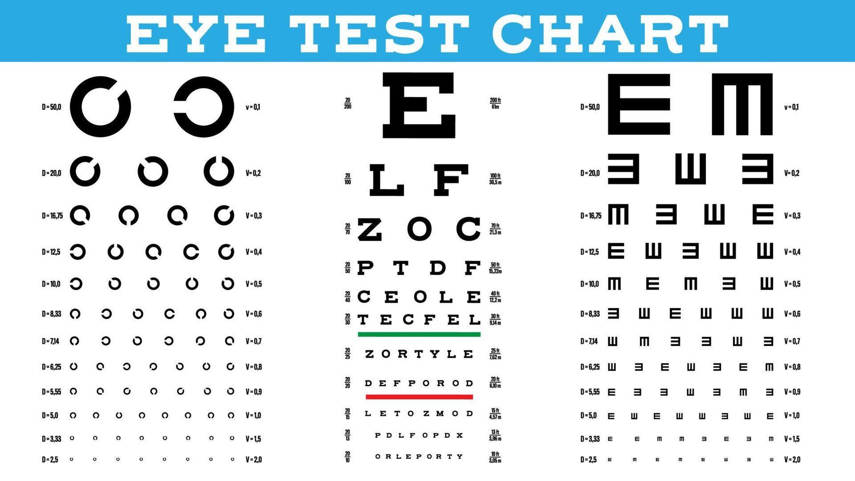 vector de conjunto de gráficos de prueba ocular. prueba de visión. examen óptico. suspiro sano. atención médica. oftalmólogo, oftalmología. glaucoma. ilustración