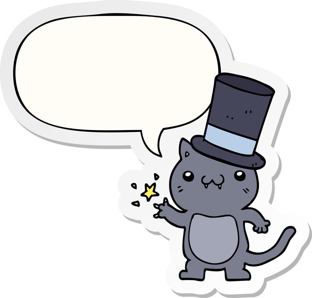 gato de dibujos animados con sombrero de copa y pegatina de burbuja de habla vector