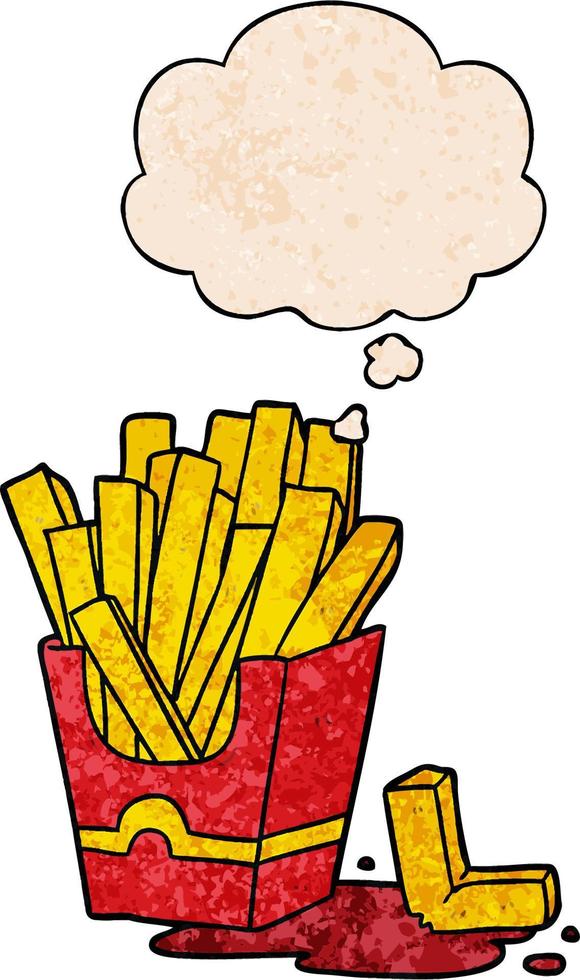 cartoon fries and thought bubble in grunge texture pattern style vector