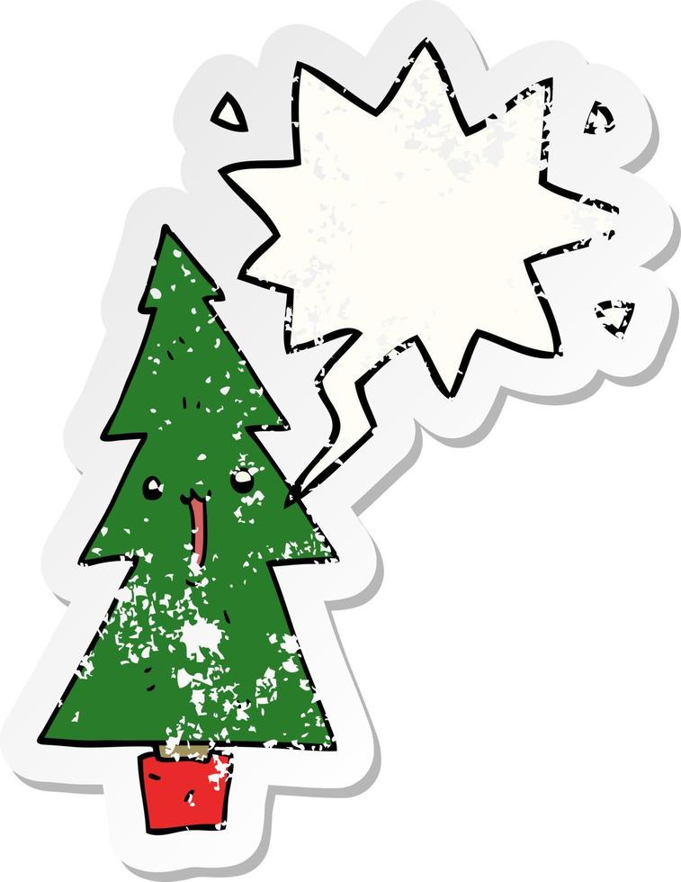 cartoon christmas tree and speech bubble distressed sticker vector