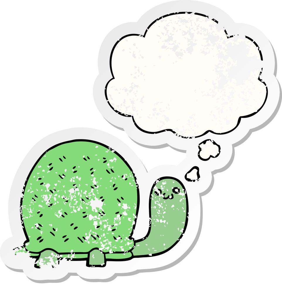 cute cartoon turtle and thought bubble as a distressed worn sticker vector