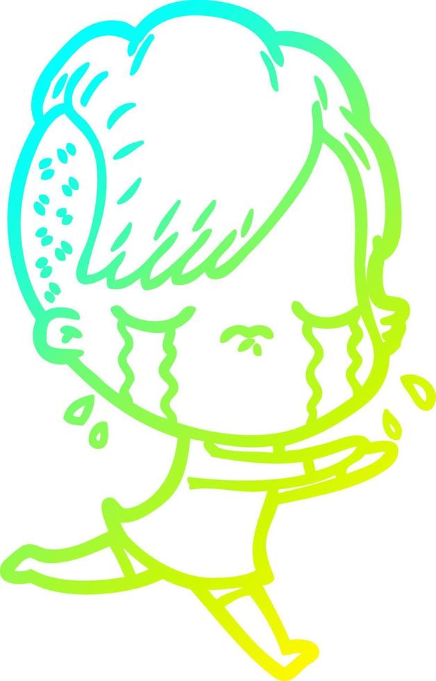 cold gradient line drawing cartoon crying girl running away vector
