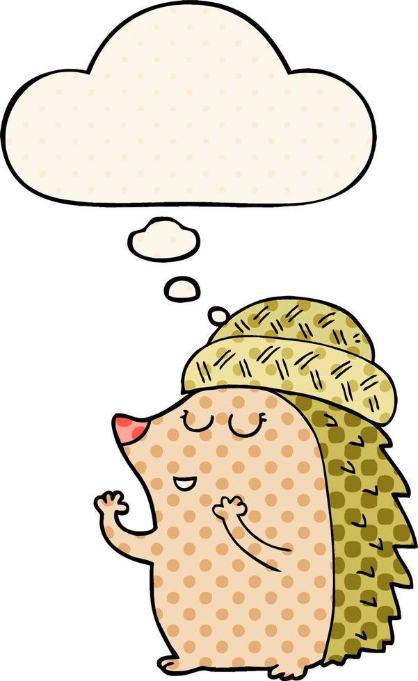 cartoon hedgehog wearing hat and thought bubble in comic book style vector