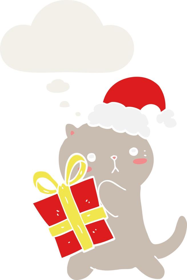 lindo gato de dibujos animados que lleva regalo de navidad y burbuja de pensamiento en estilo retro vector