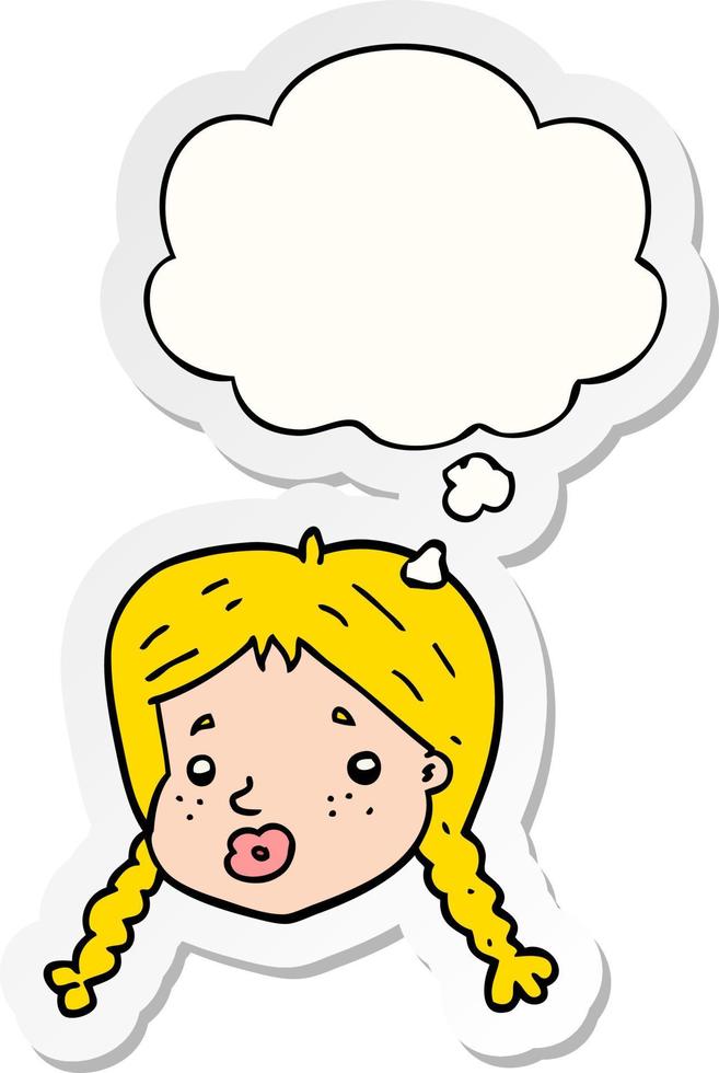 cartoon girls face and thought bubble as a printed sticker vector