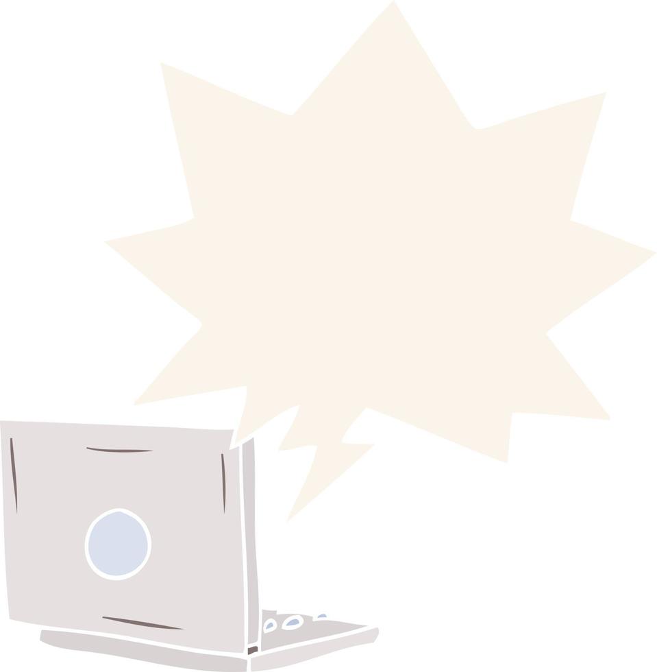 cartoon laptop computer and speech bubble in retro style vector