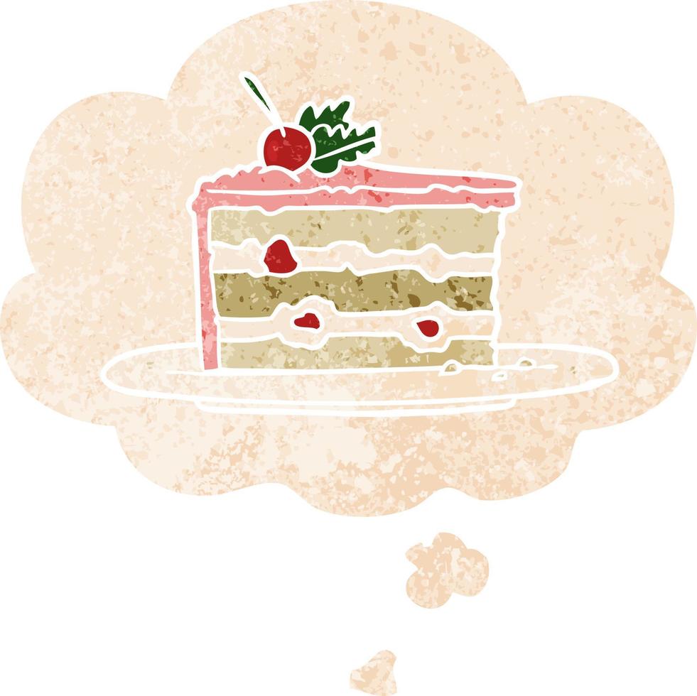 cartoon dessert cake and thought bubble in retro textured style vector